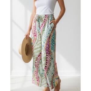 Jams World Wide Leg Pants Size Medium Floral Abstract Multi-Color Rayon Boho